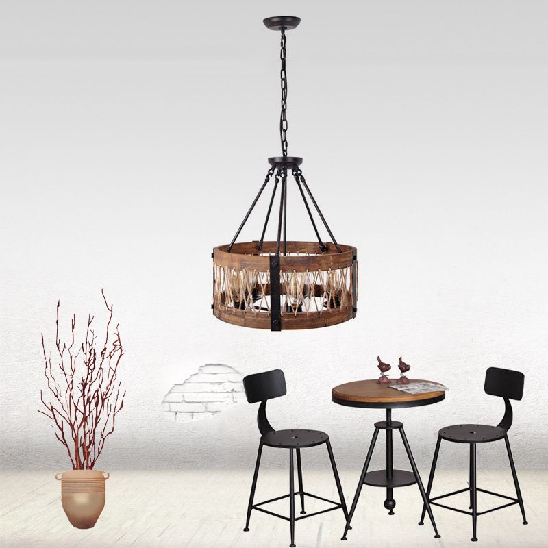Traditional Drum Shaped Hanging Lamp 5 Bulbs Wooden Chandelier Light Fixture in Brown