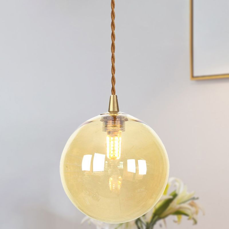 Macaron Globe/Gem Pendant Light Fixture Amber/White/Red Glass 1 Light Suspension Light with Rope for Bedroom