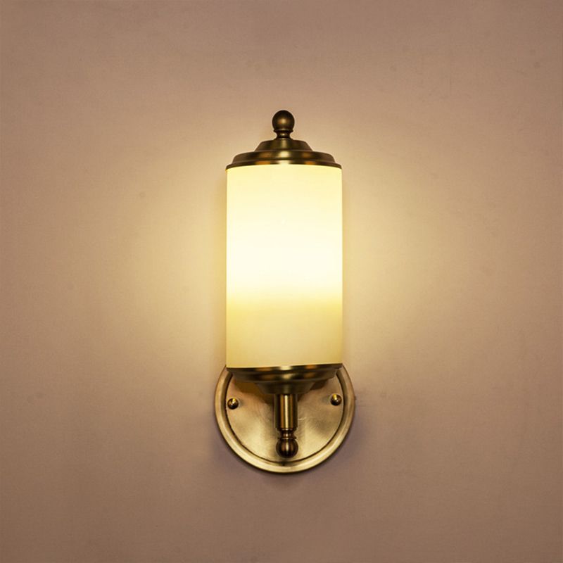Brass Cylindrical Sconce Light Retro Milky Glass Shade 1-Light Foyer Wall Lamp with Clean-Lined Arm