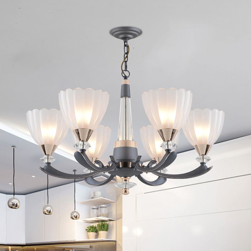 6/8 Bulbs Suspension Pendant with Floral Shade Opal Glass Countryside Guest Room Ceiling Chandelier in Grey