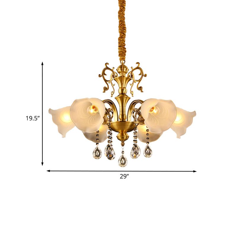 Vintage Floral Shade Ceiling Pendant Light Crystal Orbs 6 Heads Hanging Chandelier in Brass