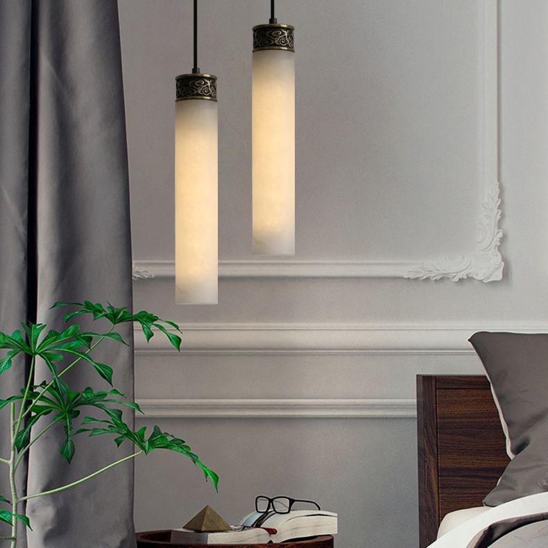 Cylinder Hanging Light Fixture Modern 1-Light White Suspension Lamp with Stone Shade