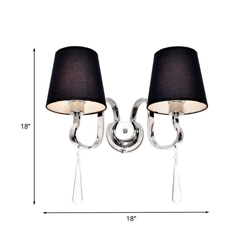 Black Taper Shade Wall Mount Light Modern 2-Bulb Fabric Sconce Fixture with Stainless Steel Wavy Arm and Crystal Drop