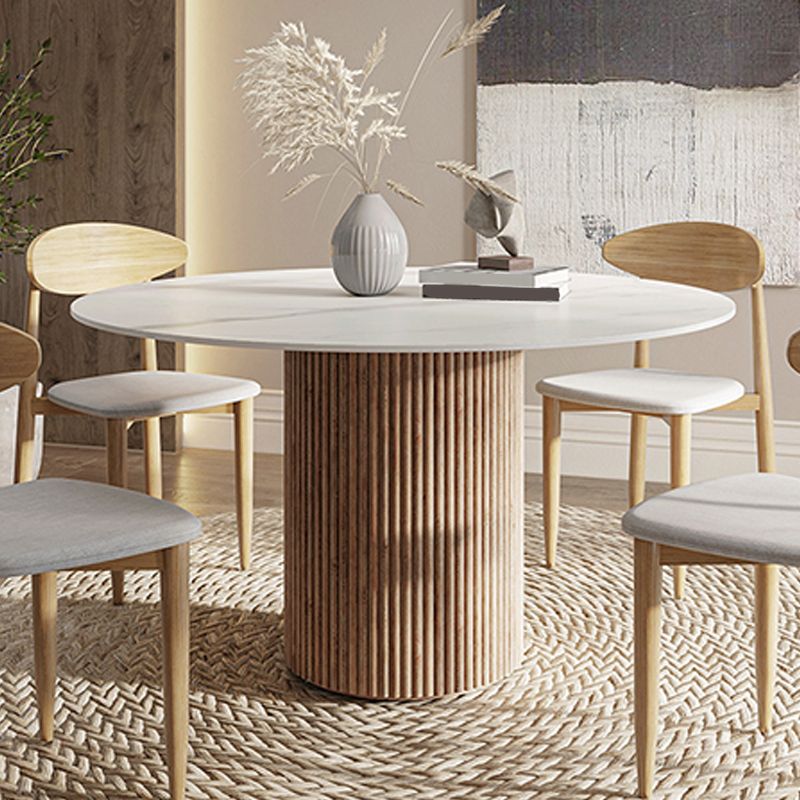 Contemporary Pedestal Table Wood Base Round Stone Dining Table for Home Kitchen