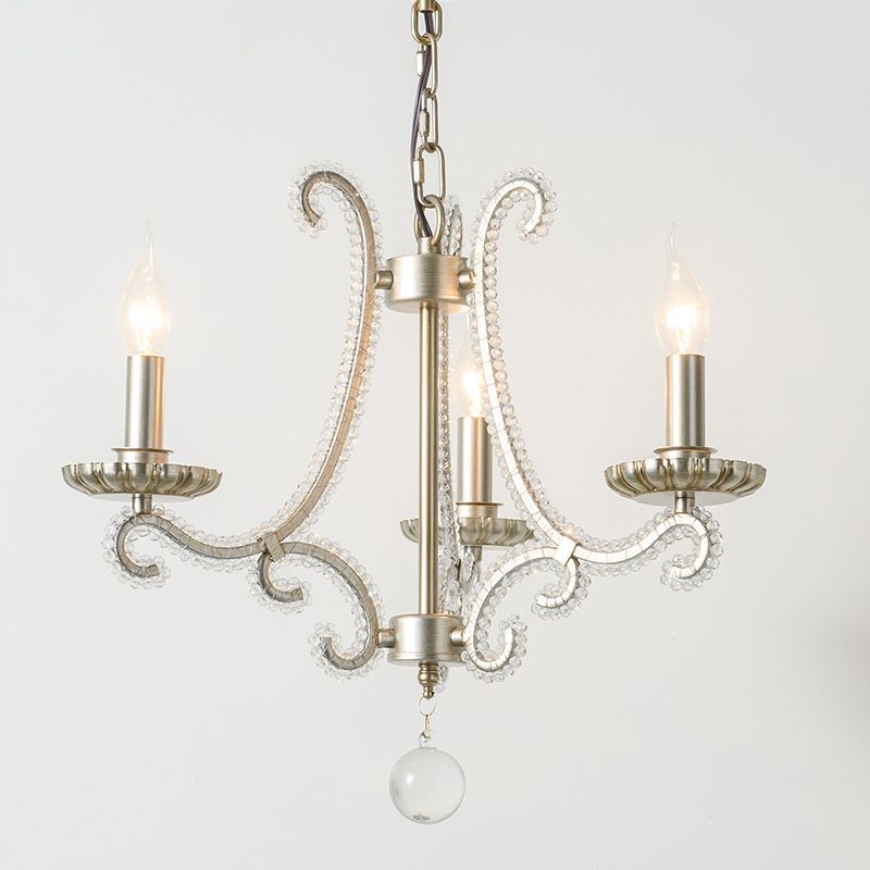 Classic Candelabra Hanging Lamp 3-Light Crystal Beaded Chandelier Light in Nickel