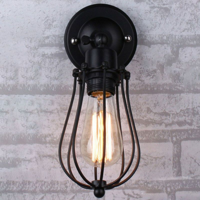Vintage Grapefruit Cage Wall Light Fixture Single-Bulb Iron Wall Mounted Lamp in Black