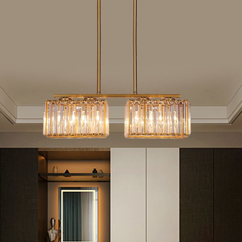 Gold 4/6/8 Bulbs Pendant Lighting Contemporary Metal Linear Island Lamp with Clear Cuboid Crystal Shade for Dinning Room