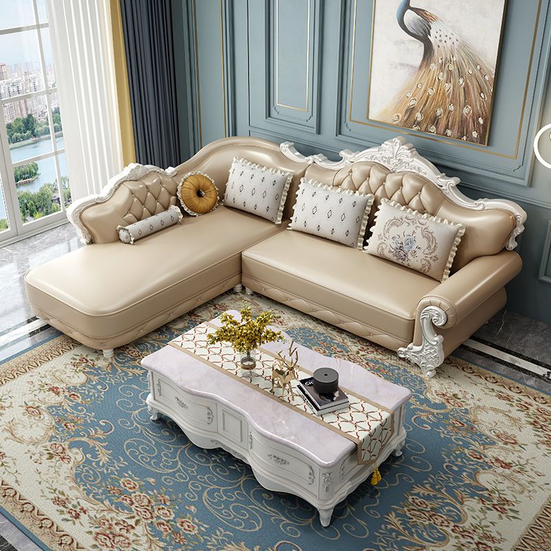 Tufted Scroll Arm Chesterfield Sofa and Chaise Genuine Leather Sofa with Pillows