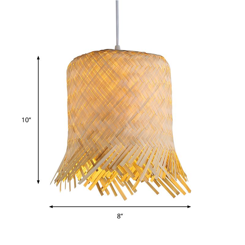 Cylinder Suspension Pendant Contemporary Bamboo 1 Bulb Wood Hanging Light Kit, 8"/10" Wide