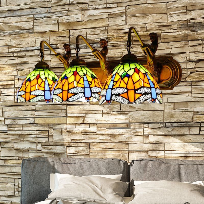 Dragonfly Wall Mount Light 3 Heads Orange Glass Baroque Sconce Lighting for Bedroom