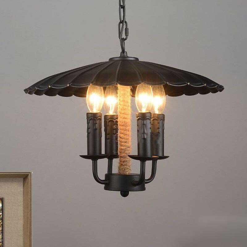 Wavy Pendant Light Retro Style Metal 4 Bulbs Candle Hanging Light in Black for Dining Room