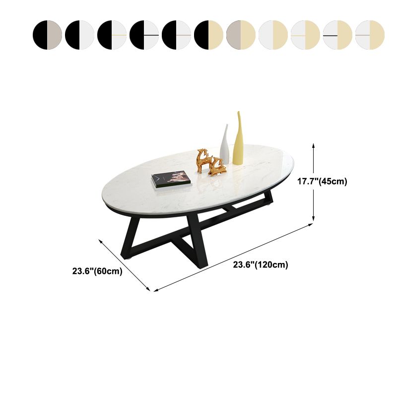 Cross Legs Coffee Table with Stone Oval Top and Iron Base Cocktail Table
