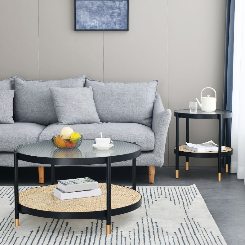 Modern Clear Glass Coffee Table with Storage Round 4 Legs Cocktail Table Set