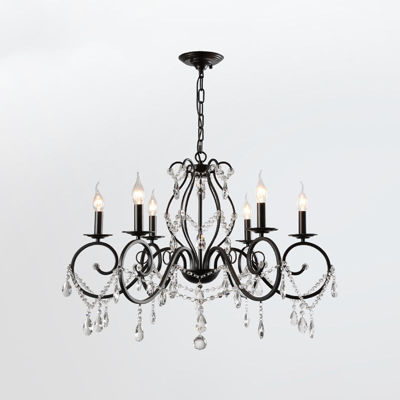 Retro Candlestick Chandelier Iron Hanging Lamp with Crystal for Living Room
