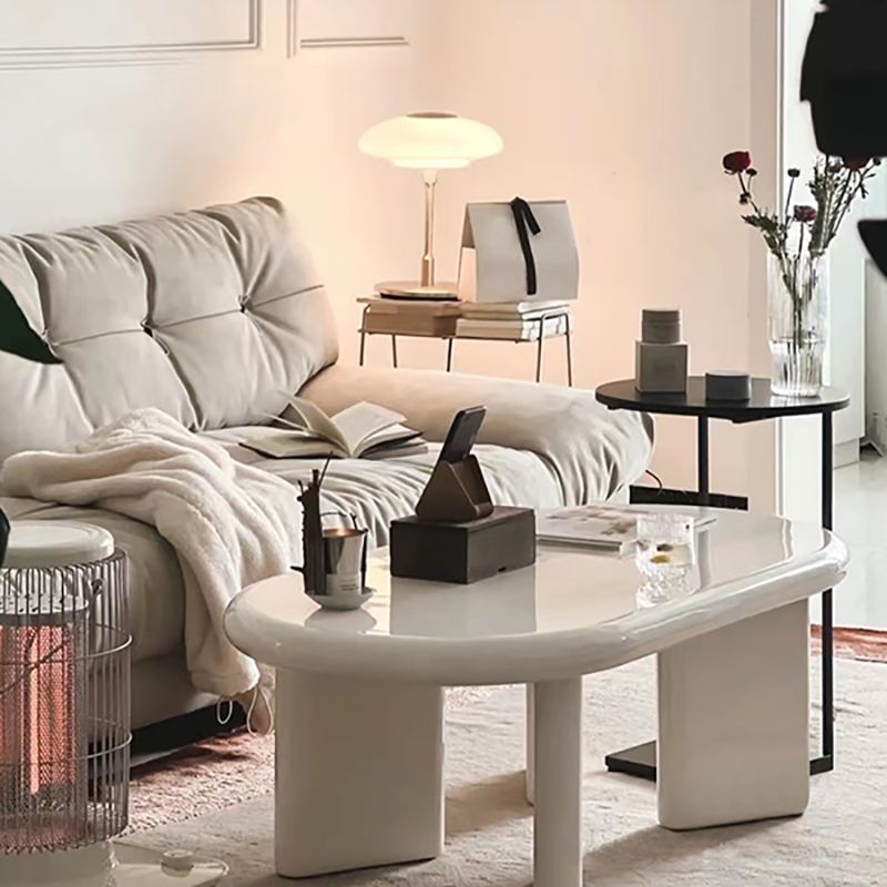 Contemporary Wooden Oval Coffee Table with 4 Legs in White/Yellow