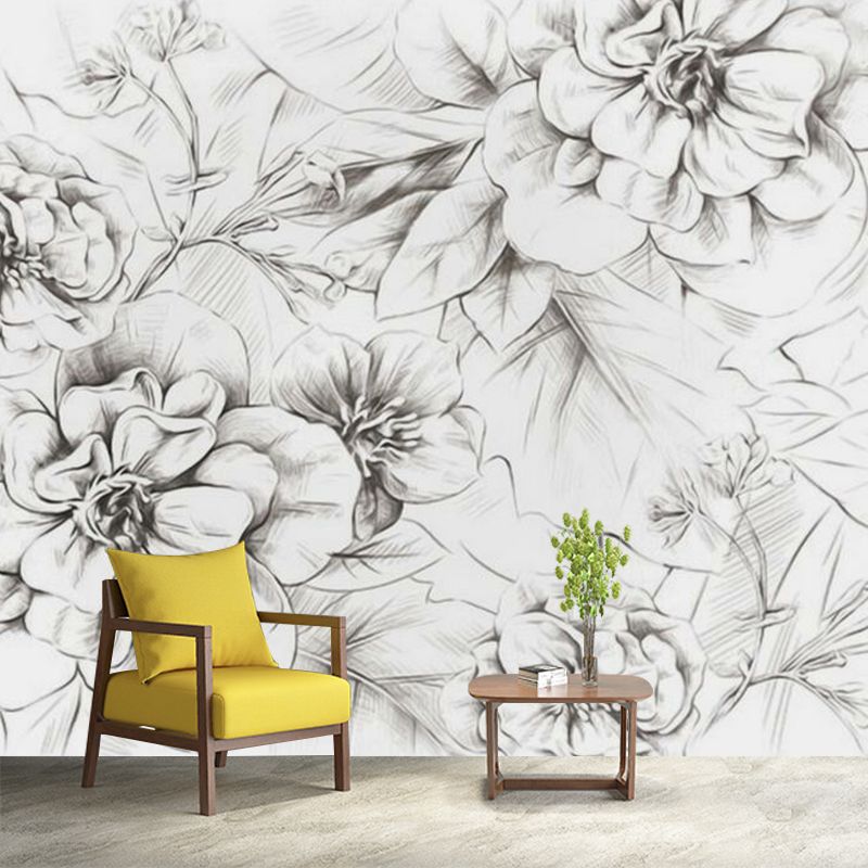 Peony Sketch Wall Paper Murals Modernist Waterproof Bedroom Wall Art, Made to Measure