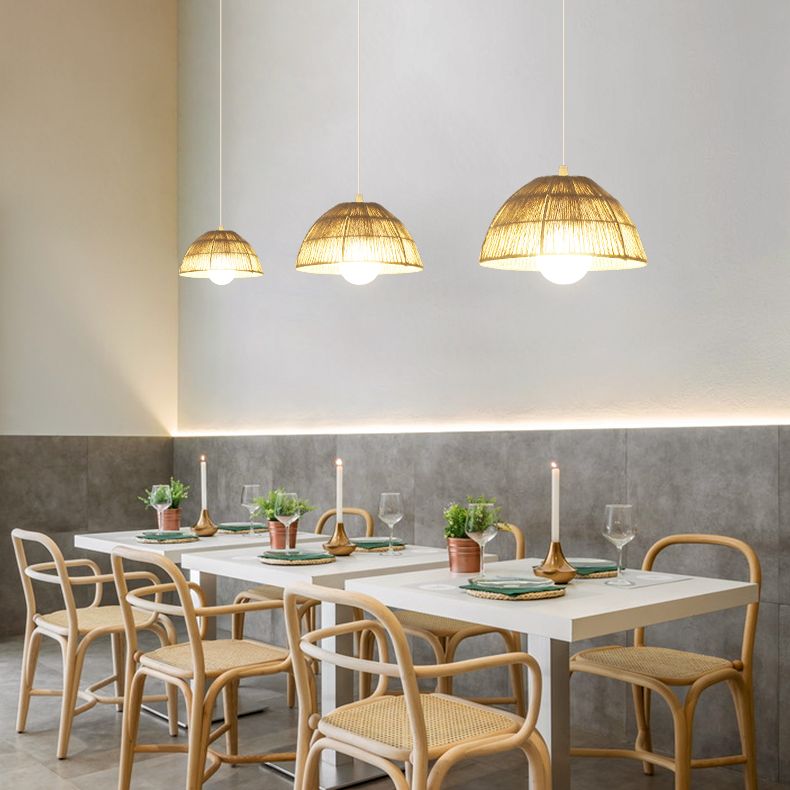 Single Light Dome Suspended Light Asian Style Rattan Decorative Lighting Fixture in Wood