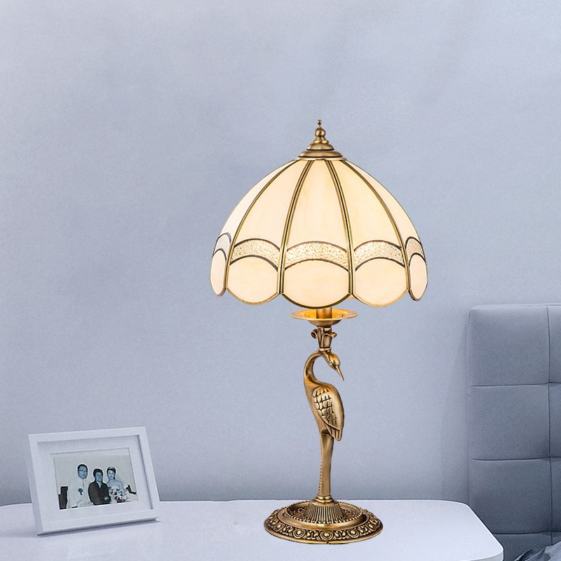 1/2-Light Dome/Bowl Night Lamp Traditional Gold Finish White Glass Nightstand Light with Peacock/Elliptical Frame Design