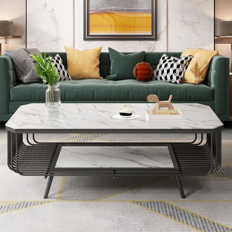 17.7" H Glam Rectangle Slate Coffee Table Iron 4 Legs Cocktail Table with Shelf