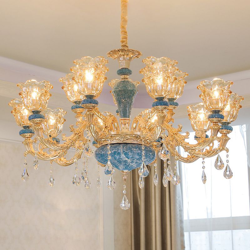 Ruffled Edge Living Room Chandelier Light Retro Handblown Glass Gold Pendant Light Fixture with Crystal Draping