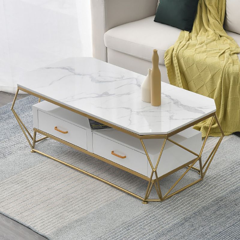 Modern Slate Geometric Coffee Table Gold Metal Frame Coffee Table with Storage