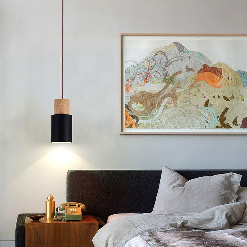 Lámpara colgante de 1 luz de estilo colgante de estilo macarrón con madera para dormitorio
