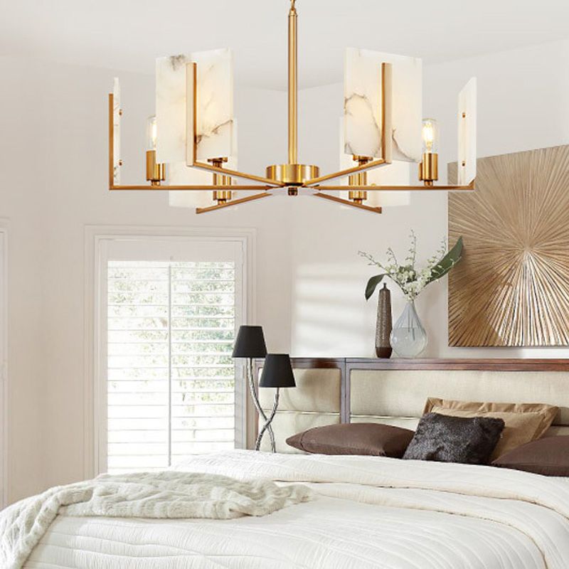 6 Lights Chandelier Pendant Light Colonial Expose Bulb Metal Suspension Lamp in Gold with Rectangle Marble Panel