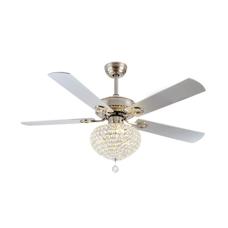 4 Blades Nickel LED Semi Flush Mount Farmhouse Crystal Waterdrop Hanging Fan Light Fixture, 52" Wide