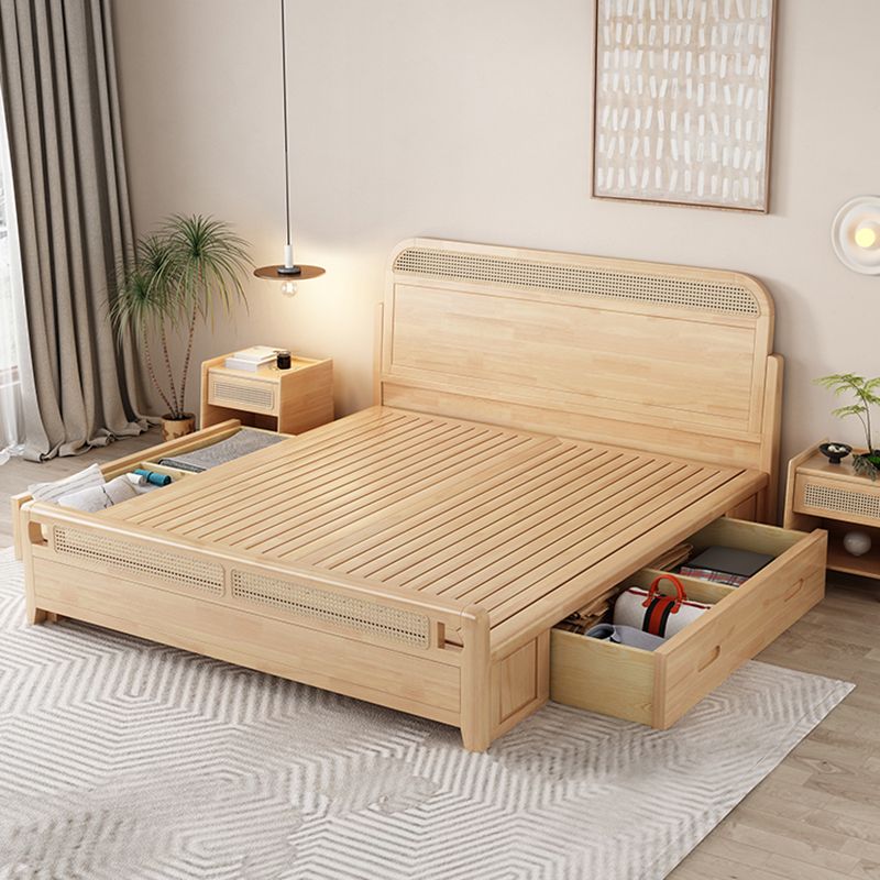 Natural Tropical Standard Bed Rattan and Rubberwood Panel Bed with Headboard