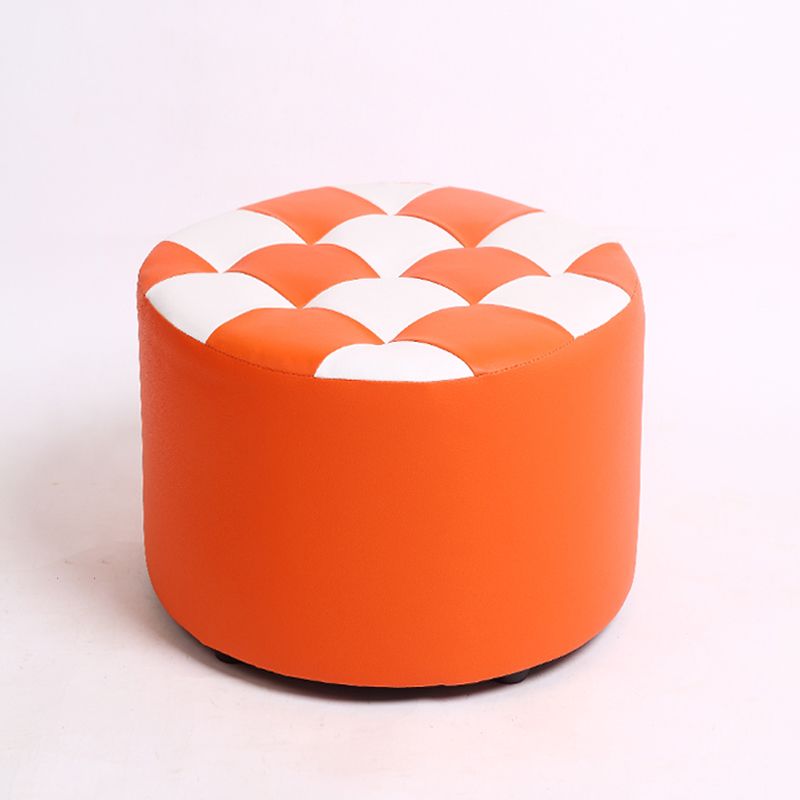 Modern Stain Resistant Standard Round Check Pattern Leather Pouf for Drawing Room