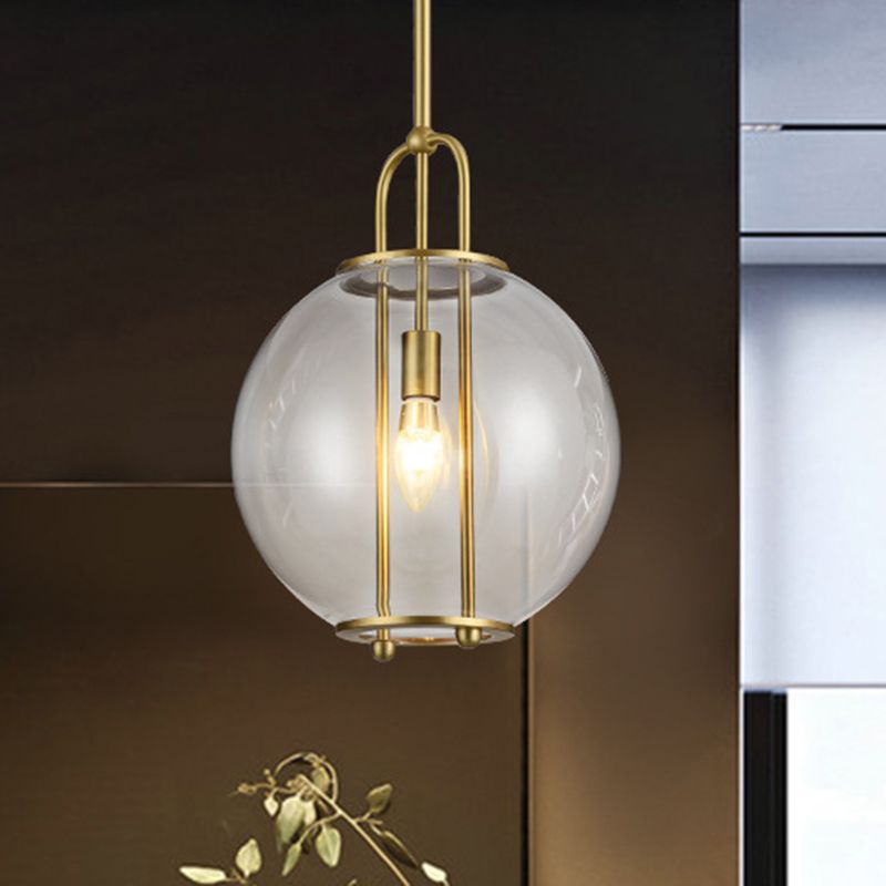 Postmodern Globe Clear Glass Hanging Lamp 1-Light Ceiling Pendant in Brass for Bedside