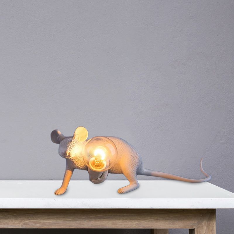 Resin Servant Mouse Night Light Kids Novelty 1 Bulb White Table Lighting for Bedside