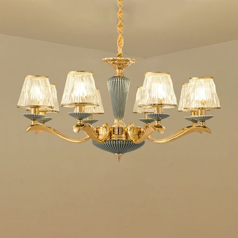 Clear Ribbed Glass Chandelier Lighting Antique Gold Conic Bedroom Ceiling Pendant Lamp