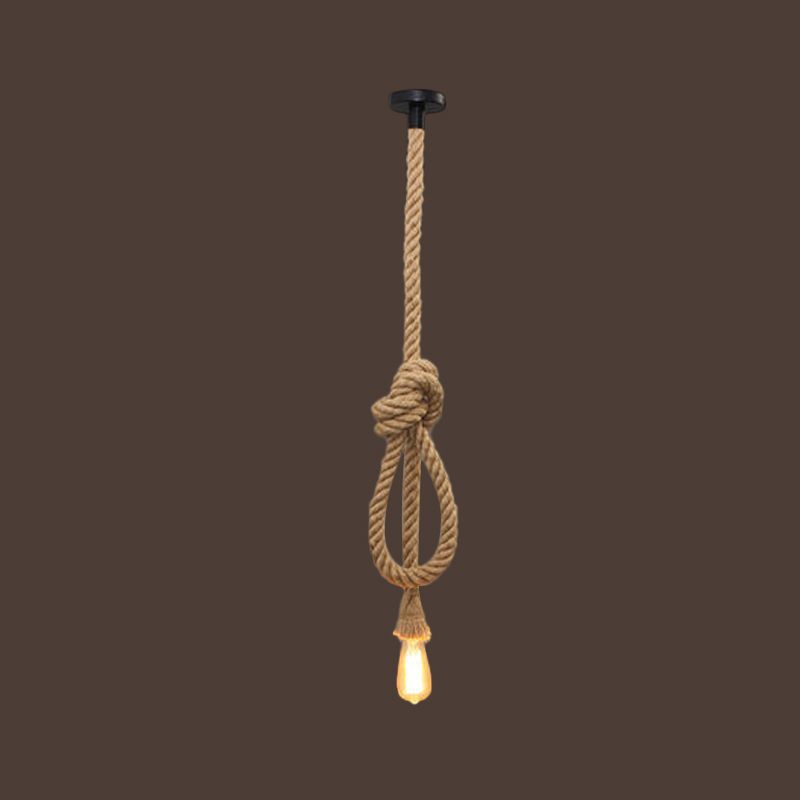 Hemp Rope Knot Brown Hanging Lamp Bare Bulb Design 1 Head Farmhouse Ceiling Pendant Light