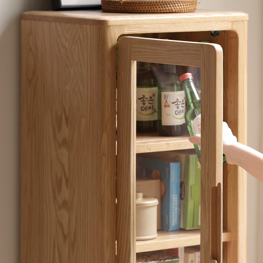 Solid Wood Glass Paned Grooves Accent Cabinet with Door and Drawer