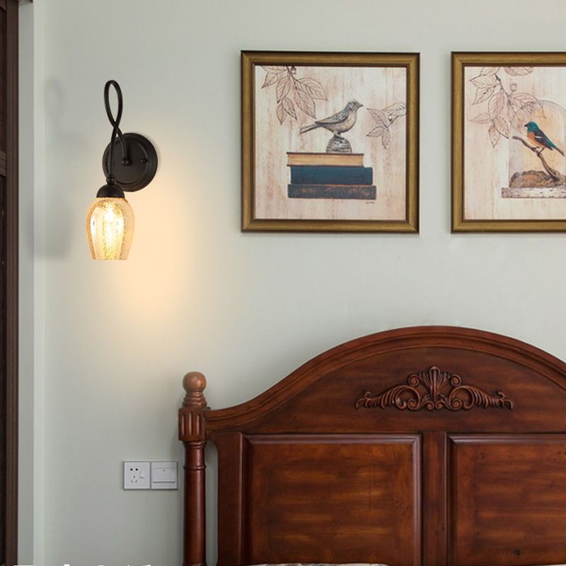 1/2-Light Wall Sconce Lighting Curved Arm Crackled Mercury Glass Industrial Bedroom Light Fixture in Black
