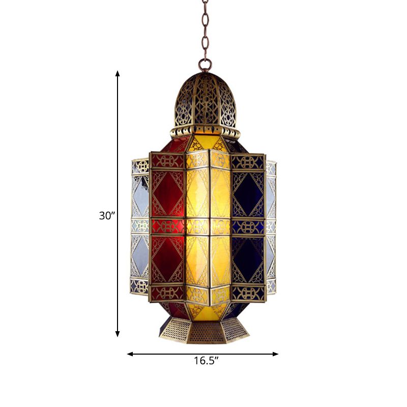 Colored Glass Brass Chandelier Lantern 3 Heads Arabian Hanging Pendant Light for Corridor