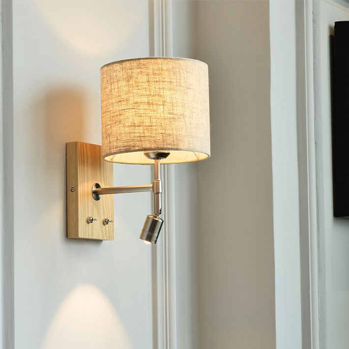 Cylinder Fabric Shade Bedside Reading Wall Light 2-Lights Wooden Simplicity Wall Sconce
