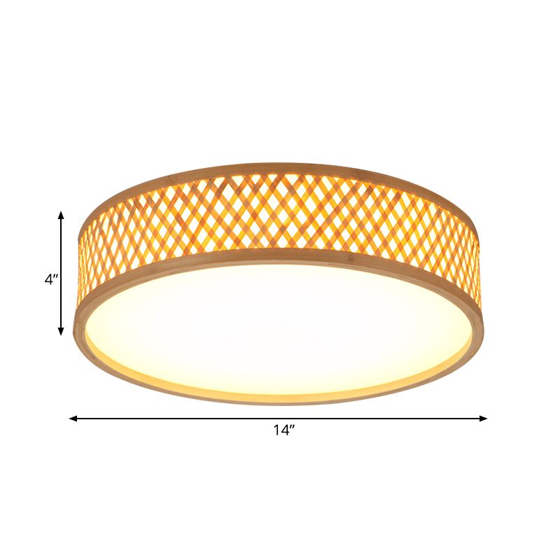 Asian Stylish Cross Woven Flushmount Light with Drum Shade Bamboo 10"/14" W LED Indoor Ceiling Lamp in Beige, Warm/White Light