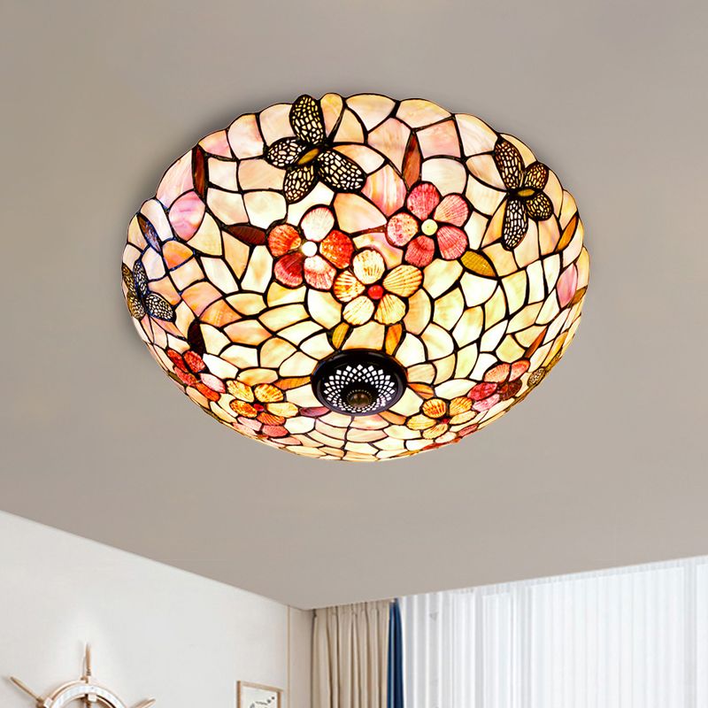 Natural Shell Beige Ceiling Fixture Dome 3/4 Lights Tiffany Flushmount Lighting with Butterfly-Flower Pattern, 16"/20.5" W