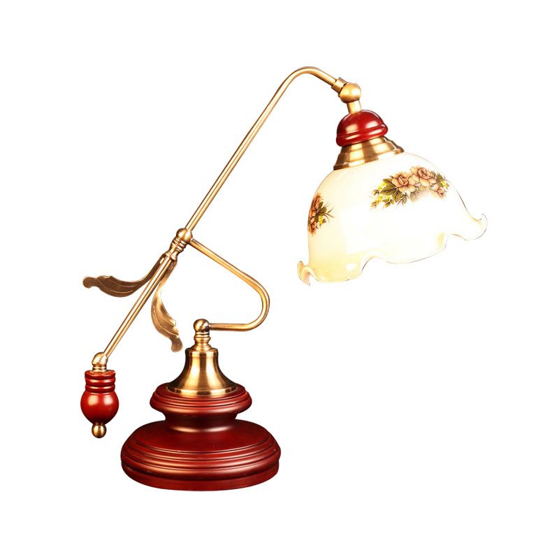 Luz de mesa de tazón retro con volantes 1 cabeza lámpara de vidrio blanco de vidrio con brazo de palanca marrón rojo dorado