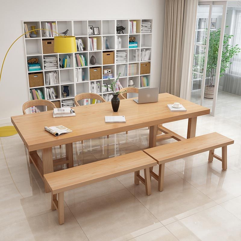 Table de salle à manger rectangulaire contemporaine en bois naturel en pin avec double piédestal