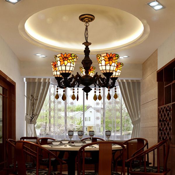 Bell Chandelier Tiffany Stained Glass 5 Lights Decorative Suspension Light with Sunflower Pattern