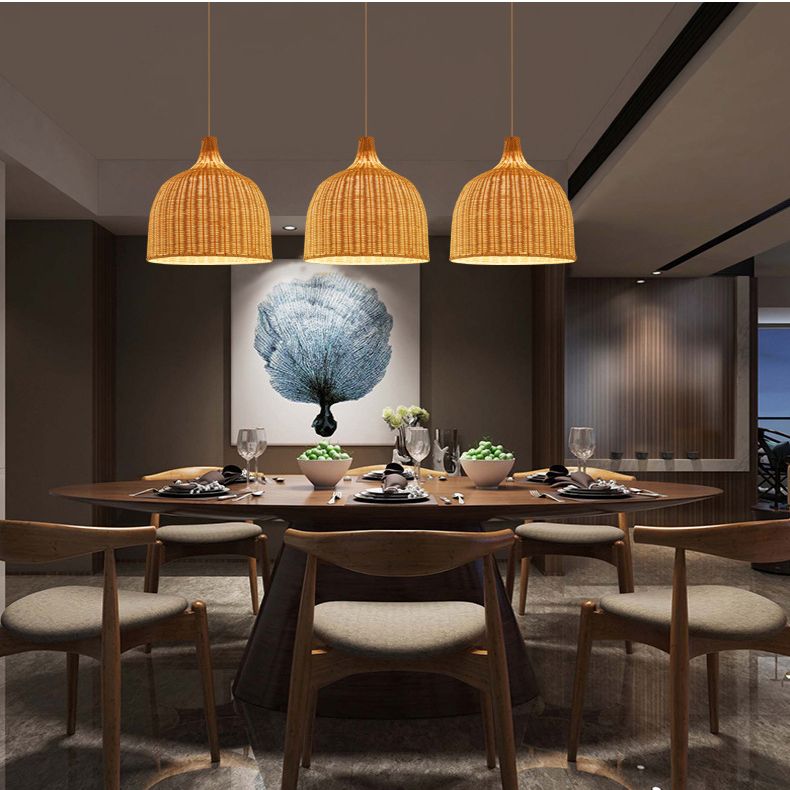 Handwoven Dome Pendant Light Fixture Chinese Bamboo Single Bulb Dining Table Ceiling Light in Beige