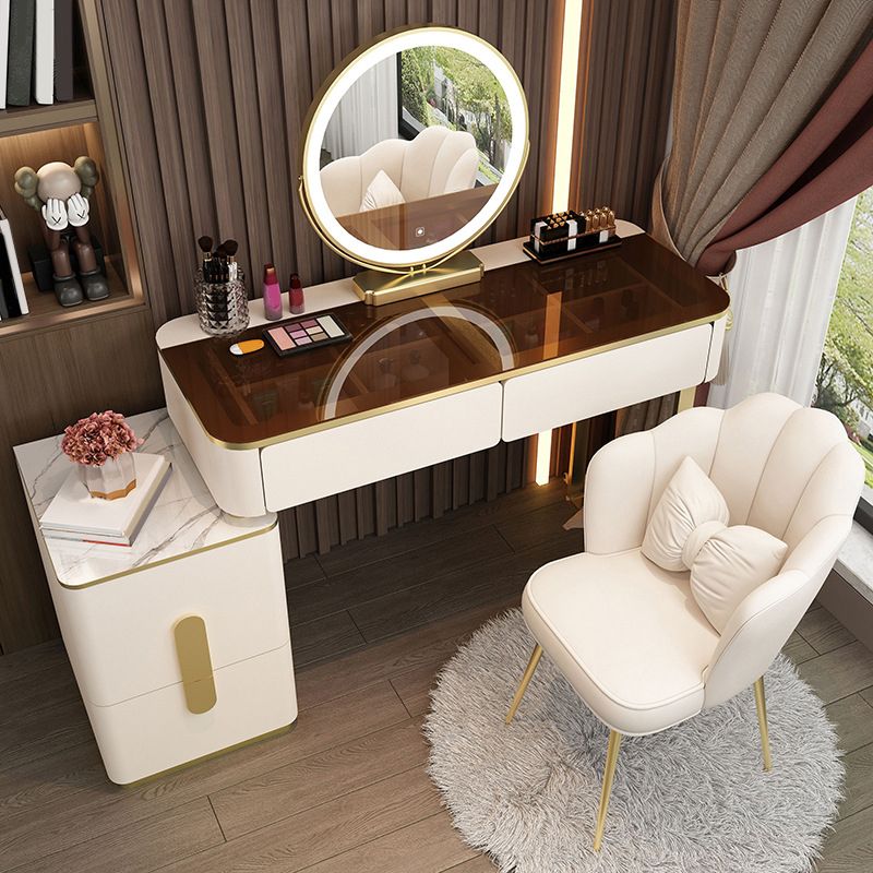 Glass Makeup Counter Bright White Vanity Tables with Storage Drawers, 15.74" Wide