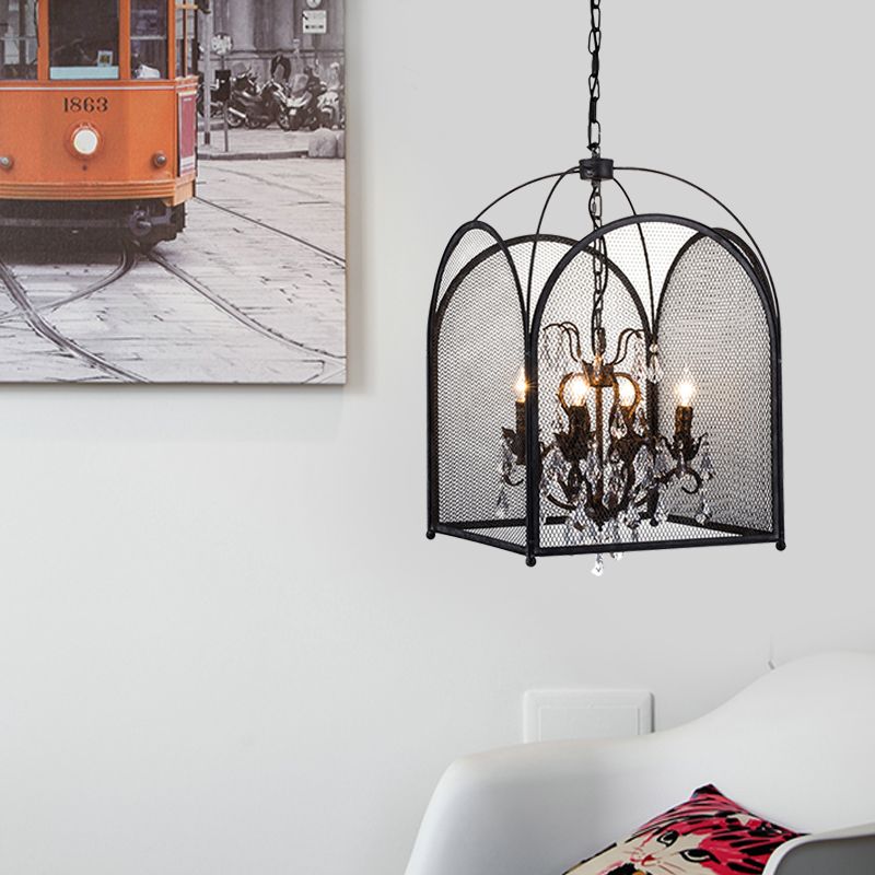Vintage Candle Hanging Pendant 4 Lights Metal Ceiling Chandelier in Black with Crystal Drop