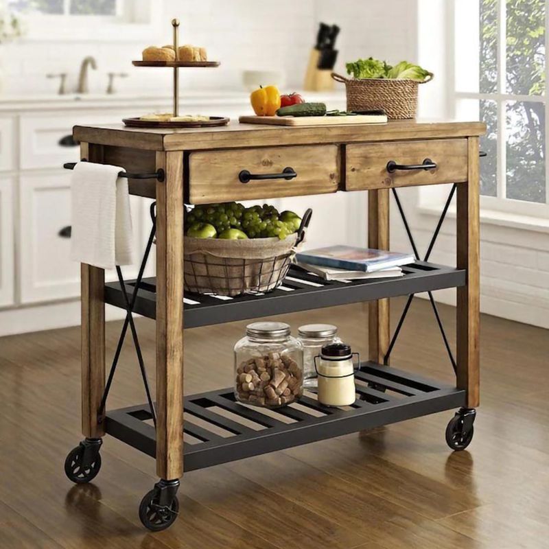 Traditional Rolling Kitchen Cart Wood Rectangular Kitchen Cart for Home Use