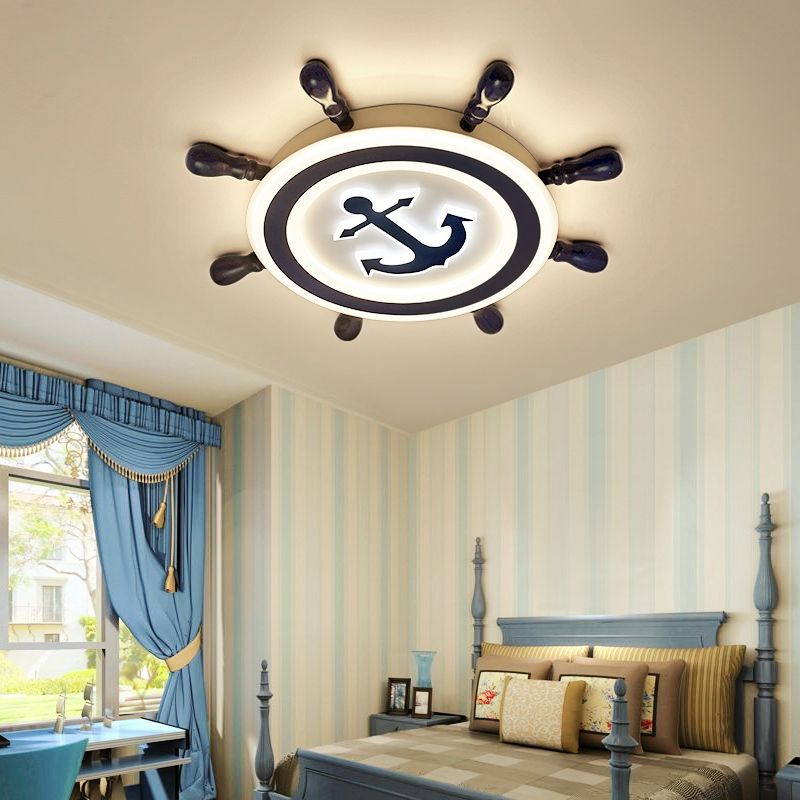 Rudder Wooden Flush Mount Lighting Cartoon Blue LED Flush Mount Fixture for Nursery