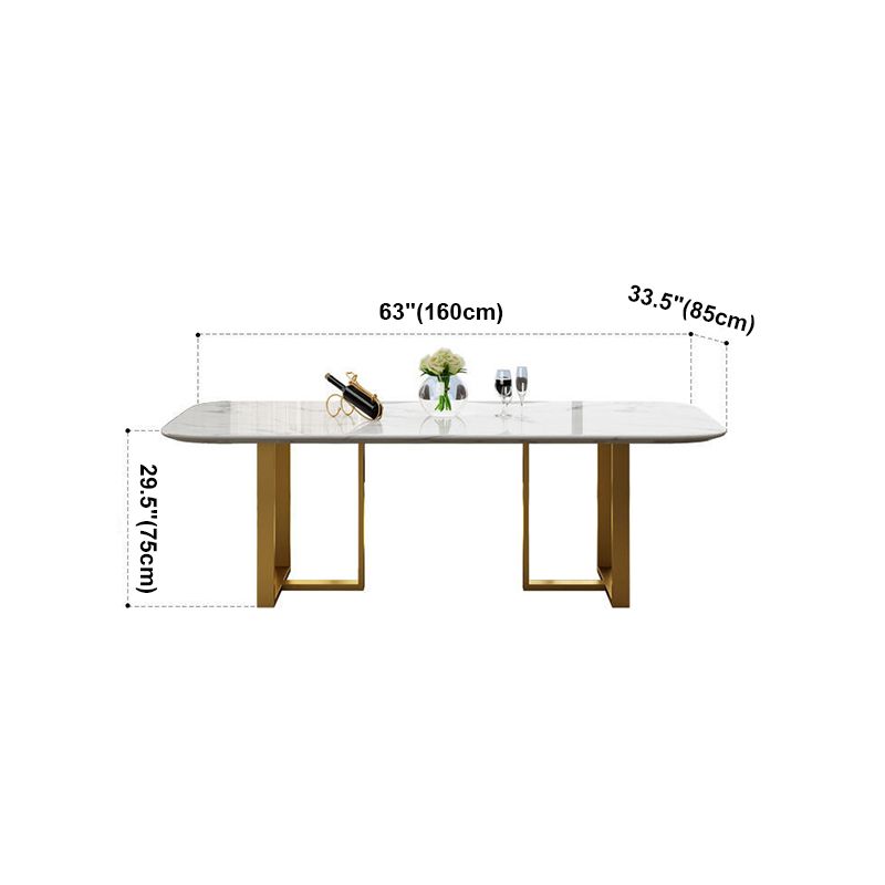 Rectangle Traditional Luxury Dining Table White Sintered Stone Table with Gold Double Pedestal