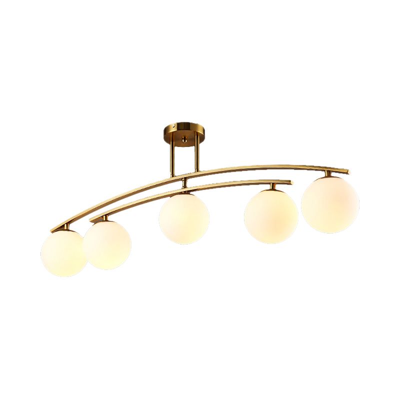 Modern Sphere Shade Semi Ceiling Mount Light Opal Glass Gold Ceiling Lamp for Study Room